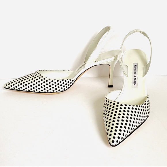 NWT: MANOLO BLAHNIK | White with Black Polkadots Carolyne Kitten-Heel Pumps - Picture 2 of 11